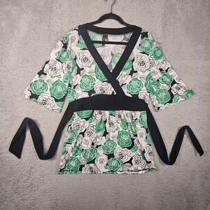 Vtg Y2K Babydoll Top Womens L Rose Floral Faux Wrap Kimono Sleeve Whimsigoth